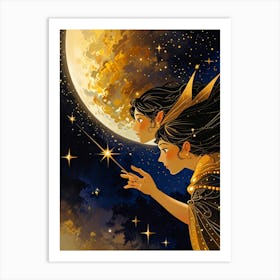 Two Women Looking At The Moon Art Print