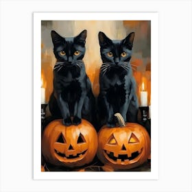 Black Cats On Pumpkins Art Print