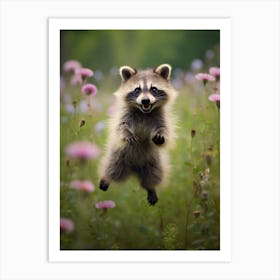 Cute Funny Common Raccoon Running On A Field Wild 1 Art Print