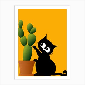 Black Cat With Cactus Art Print