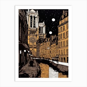 Paris France Linocut Illustration Style 3 Art Print