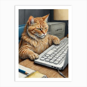 Orange Cat On Computer Art Print