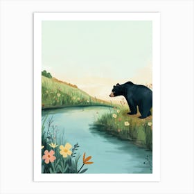 American Black Bear Standing On A Riverbank Storybook Illustration 3 Art Print