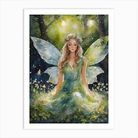 Watercolour Fairy in the Forest - Green Pretty Fairy Wings Sparkling Fairylights Enchanting Magical Fairytale Art Beautiful Lights Feature Fairycore Cottagecore HD Art Print