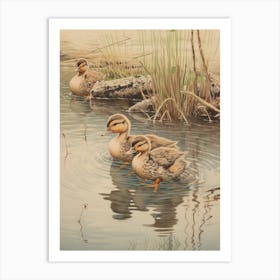 Ducklings Splashing Around Japanese Woodblock Style 3 Art Print