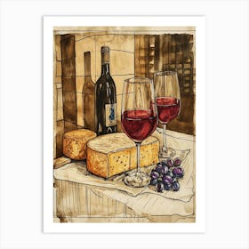 Cheese & Wine Rustic Illustration 3 Art Print