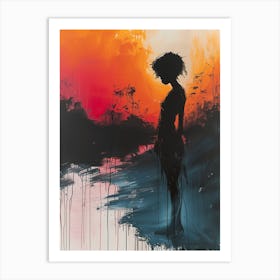 Silhouette Of A Woman At Sunset Art Print