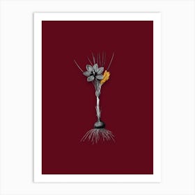 Vintage Crocus Sativus Black and White Gold Leaf Floral Art on Burgundy Red Art Print