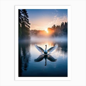 Swan In Flight With Wings Wide Spread Over A Blue Lake At Sunset Centered Amidst A Dense Forest Wit Art Print