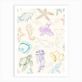 Sea Animals Line Drawing Poster Art Print
