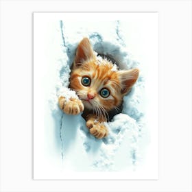 Cute Kitten Cat Peeking From Snow 2 Art Print