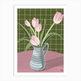 Pink Tulips On Green Checkered Tablecloth Art Print