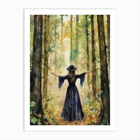 Forest Bathing ~ witchy yoga spiritual woods witch healing of the spirit, nature spirits, singing praying, watercolor painting artwork pagan Art Print