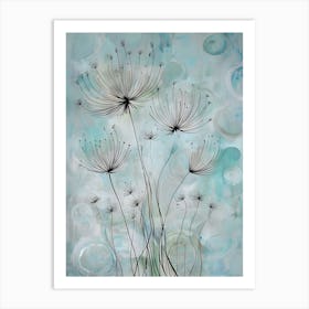 Nature's Ballet: Dandelion Seeds Dancing in a Soft Blue Light Art Print