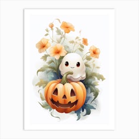 Cute Ghost With Pumpkins Halloween Watercolour 75 Art Print