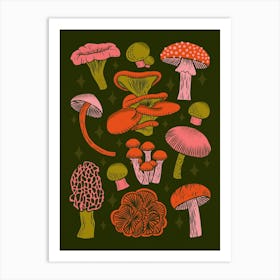 Texas Mushrooms   Bright Multicolor On Green Art Print