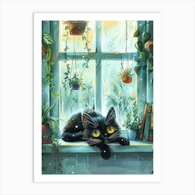 Black Cat In The Window Art Print