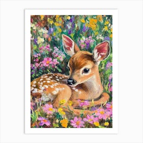 Young Deer In Wild Landscape With Spring Or Summer Colorful Flowers 1 Art Print