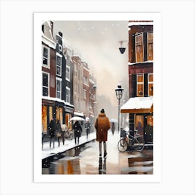 Amsterdam cafes, winter season, Christmas, autumn oil colors, pale colors, pedestrians in the street, winter clothes, falling snow.2 Art Print