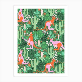 Kangaroos in a Cactus Jungle Red, Pink, Green Kids Art Print