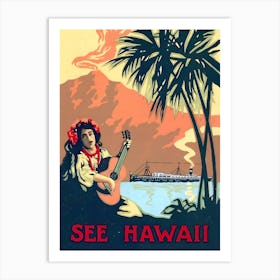 See Hawaii, Hula Girl on the Coast, Vintage Travel Poster Art Print