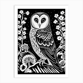 B&W Bird Linocut Barn Owl 2 Art Print