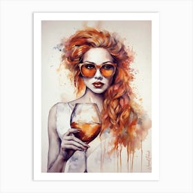 Elegant Lady With Orange Glasses Holding A Glass Of Wine Art Print