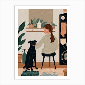 Illustration Of A Woman And Her Dog Art Print