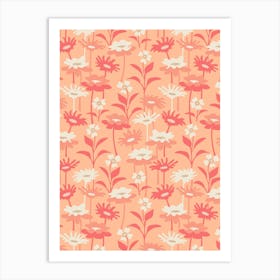 GARDEN MEADOW Floral Botanical Flowers Wildflowers in Red White on Orange Peach Fuzz Art Print