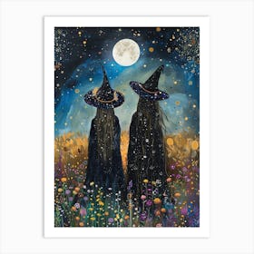 Witches Watch the Full Moon | Botanical Witchcraft Pagan Coven Painting | Witch Print Magical Spellwork Esbat | Witchy Wiccan Art Print in Wildflowers HD Art Print