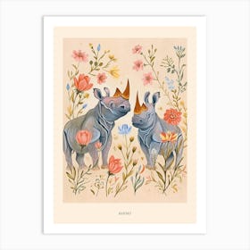 Folksy Floral Animal Drawing Rhino 3 Poster Art Print