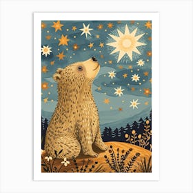 Sloth Bear Looking At A Starry Sky Storybook Illustration 1 Art Print