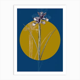 Vintage Botanical Spanish Iris on Circle Yellow on Blue Art Print