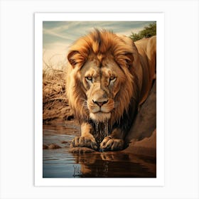 African Lion Drinking From A Stream Realistic 10 Art Print