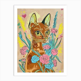 Cute Abyssinian Cat With Flowers Illustration 4 Art Print