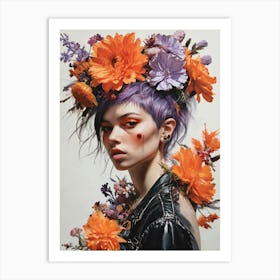 Purple Haired Girl With Flowers Art Print