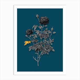 Vintage Burgundy Cabbage Rose Black and White Gold Leaf Floral Art on Teal Blue n.0881 Art Print