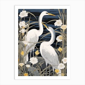 Cranes And Japanese Water Iris Vintage Japanese Botanical Art Print