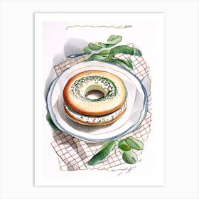 Bagel On Checkered Table Cloth Minimal Drawing 1 Art Print