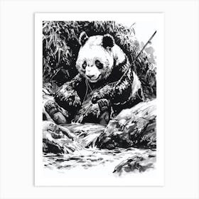 Giant Panda Fishing In A Stream Ink Illustration 3 Art Print