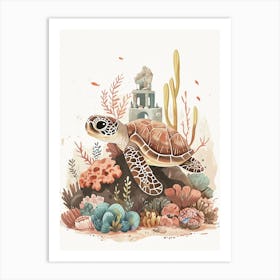 Sea Turtle With A Coral Castle Illustration 2 Art Print