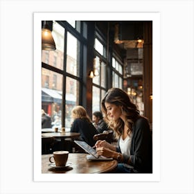 Modern Woman Engrossed In Her Tablet While Seated At A Rustic Wooden Table Inside A Bustling Urban C (4) Art Print