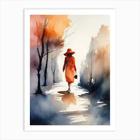 Woman In Red Hat Walking In The Park Art Print