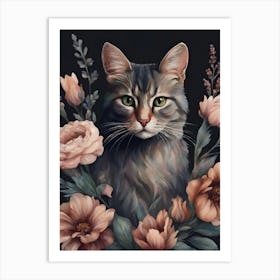 Cat With Flowers Moody Boho Style Art Print