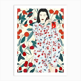 Woman Portrait With Cherries 8 Pattern Art Print