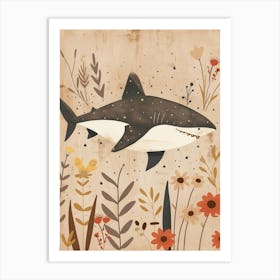 Muted Pastel Cute Shark With Flowers Illustration 4 Art Print
