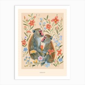 Folksy Floral Animal Drawing Baboon 2 Poster Art Print