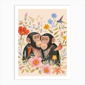 Folksy Floral Animal Drawing Chimpanzee 5 Art Print