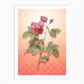 Pink Bourbon Roses Vintage Botanical in Peach Fuzz Tartan Plaid Pattern n.0325 Art Print