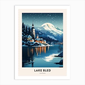 Winter Night  Travel Poster Lake Bled Slovenia Art Print